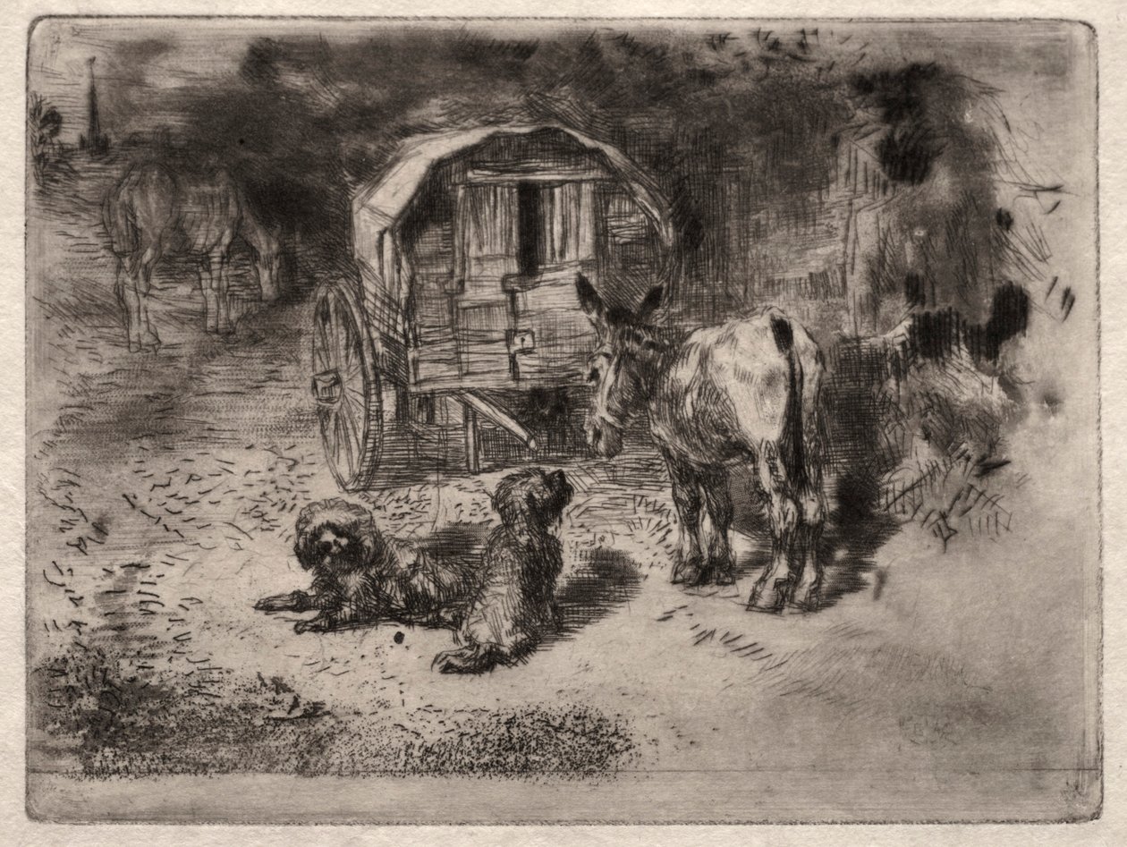 The Guardians of the House, eli Saltimbanquen ystävät, n. 1875. tekijältä Felix Hilaire Buhot