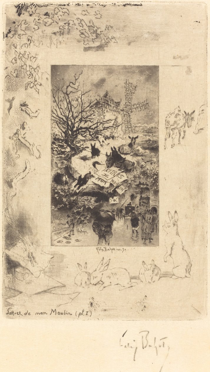Kirjeiden nimilehti Myllystä, c. 1885. tekijältä Felix Hilaire Buhot