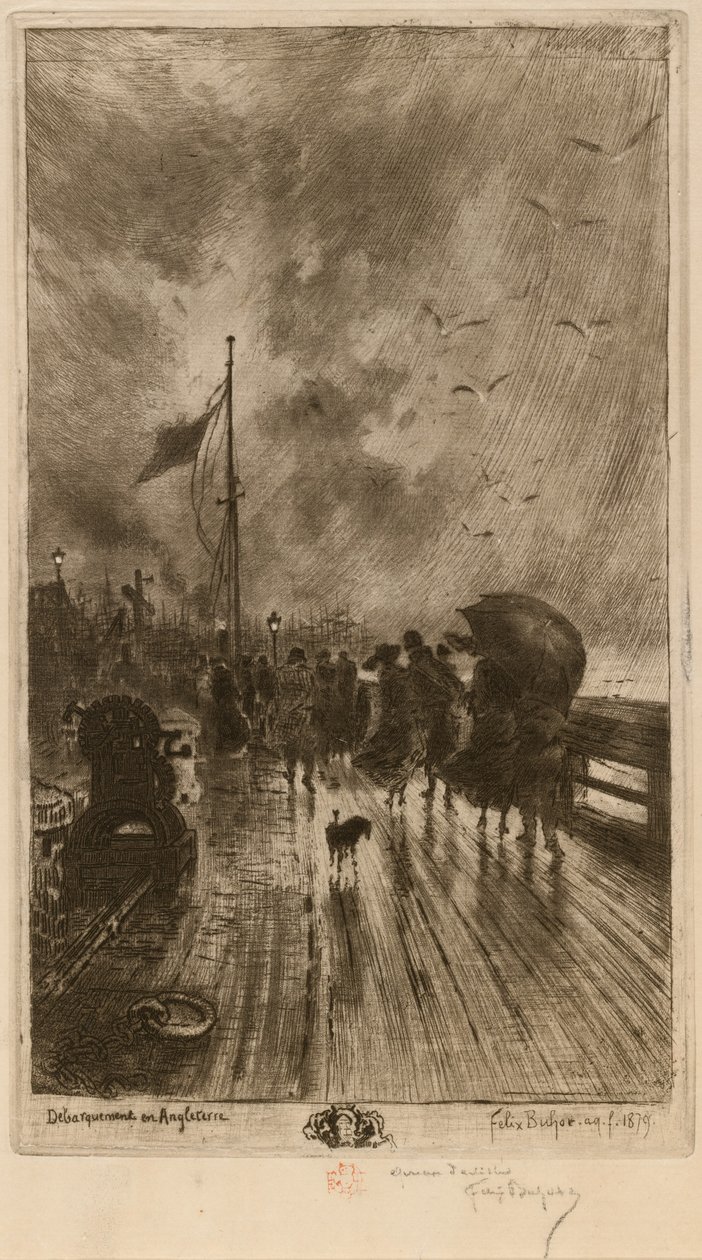 Laskeutuminen Englantiin, laskeutuminen Englantiin 1879. tekijältä Felix Hilaire Buhot