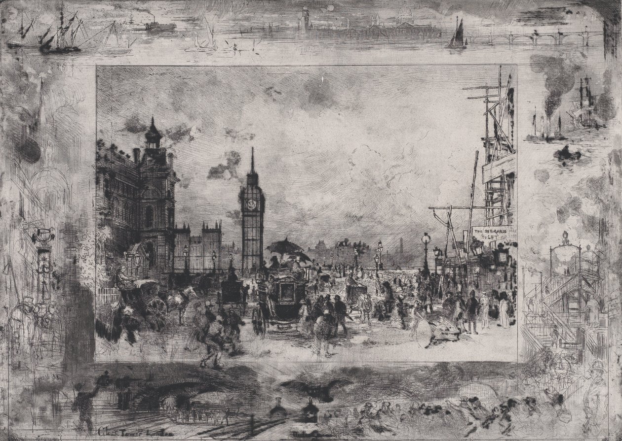 Westminster Bridge tai Westminster Clock Tower, 1860-98. tekijältä Felix Hilaire Buhot