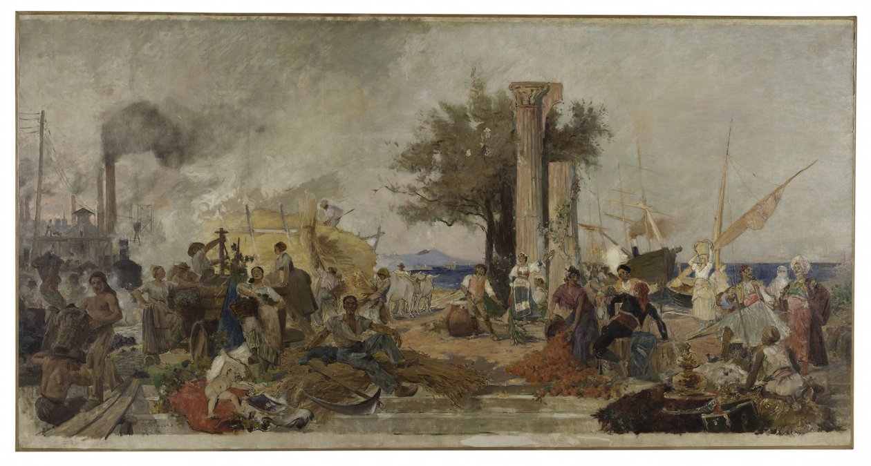 Luonnos Pariisin Bourse du Commerce -rahoituslaitoksen kupolista: Kaupallinen toiminta Euroopassa, n. 1889 (öljy kankaalle). tekijältä Felix Hippolyte Lucas