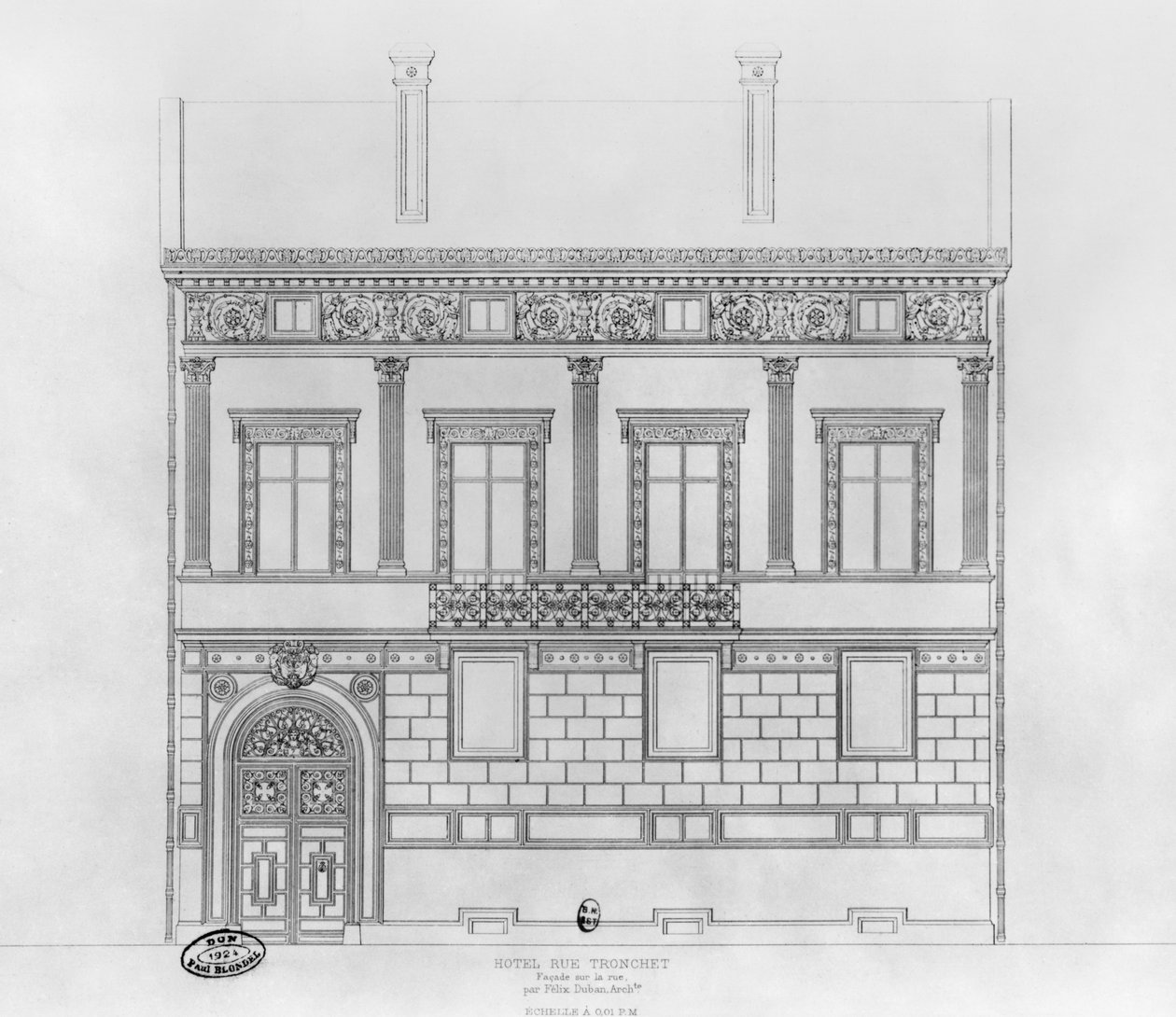 Hotel de Pourtales, julkisivu, 1850 tekijältä Felix Louis Jacques Duban