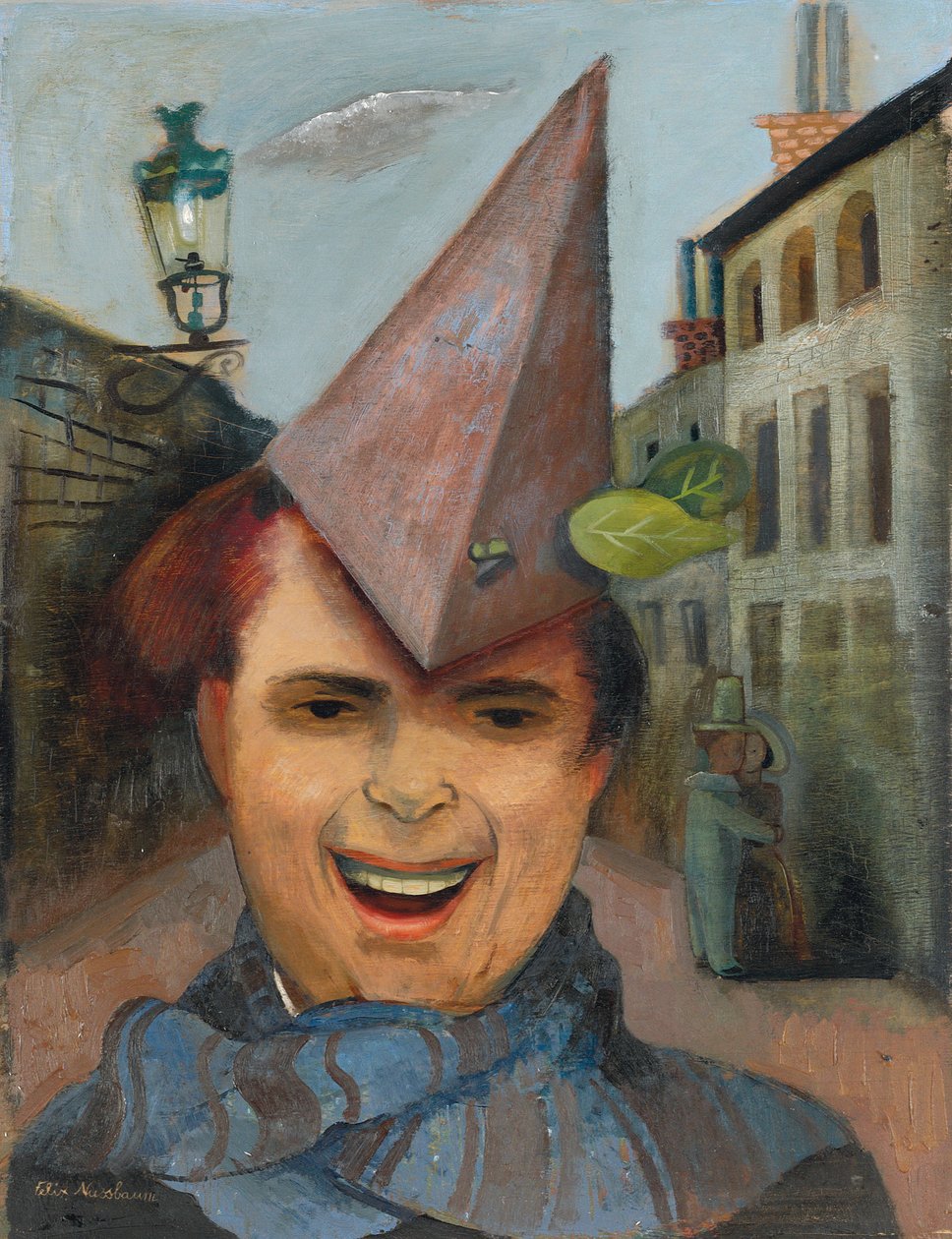 Omakuva, paperihattu ja sininen huivi, n. 1936 (öljy vanerille) tekijältä Felix Nussbaum