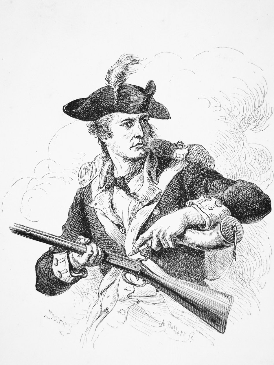 Amerikkalainen sotilas, vapaussodan aikana, käytti ruutosarvellaan piikivimuskettinsa pannua, kaiverrus A. Bollett (kaiverrus) tekijältä Felix Octavius Carr (after) Darley
