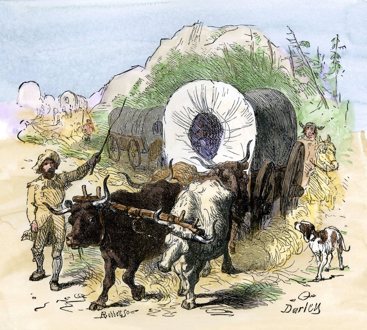 Lännen uudisasukkaiden ja valloittajien historia: Amerikan pioneerit. Pioneerit muuttivat Mississippin laaksoon 1800-luvun alussa. Darleyn värikaiverrus. tekijältä Felix Octavius Carr (after) Darley