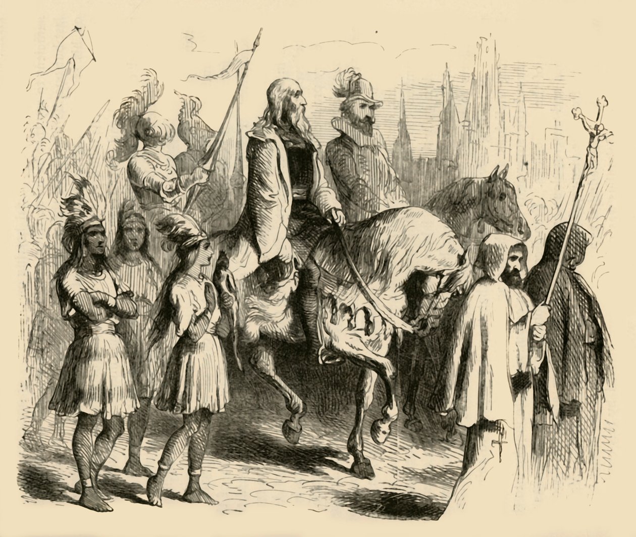 Kolumbus ja hänen junansa saapumassa Barcelonaan, 1877. tekijältä Felix Octavius Carr Darley