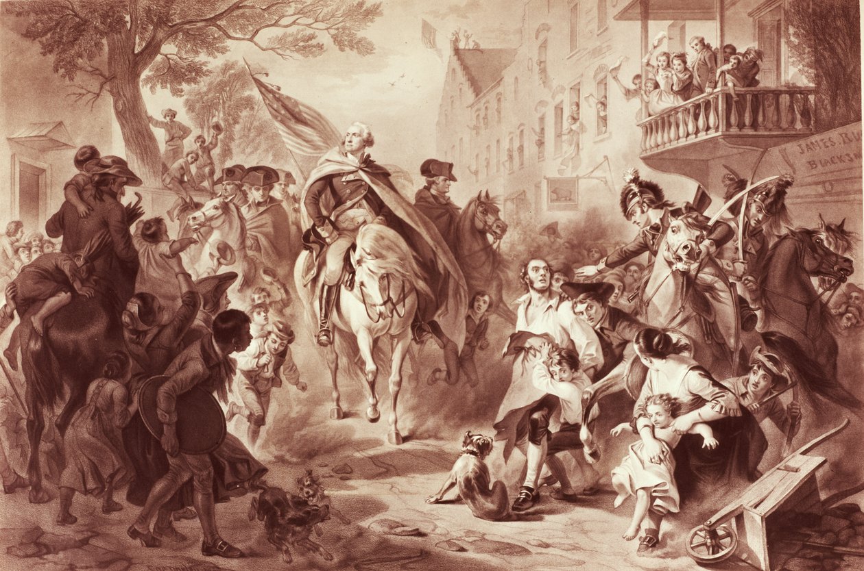 George Washington saapuu New Yorkiin vuonna 1783, kaivertaja Alexander Hay Ritchie (1822-1895) (mezzotint). tekijältä Felix Octavius Carr Darley