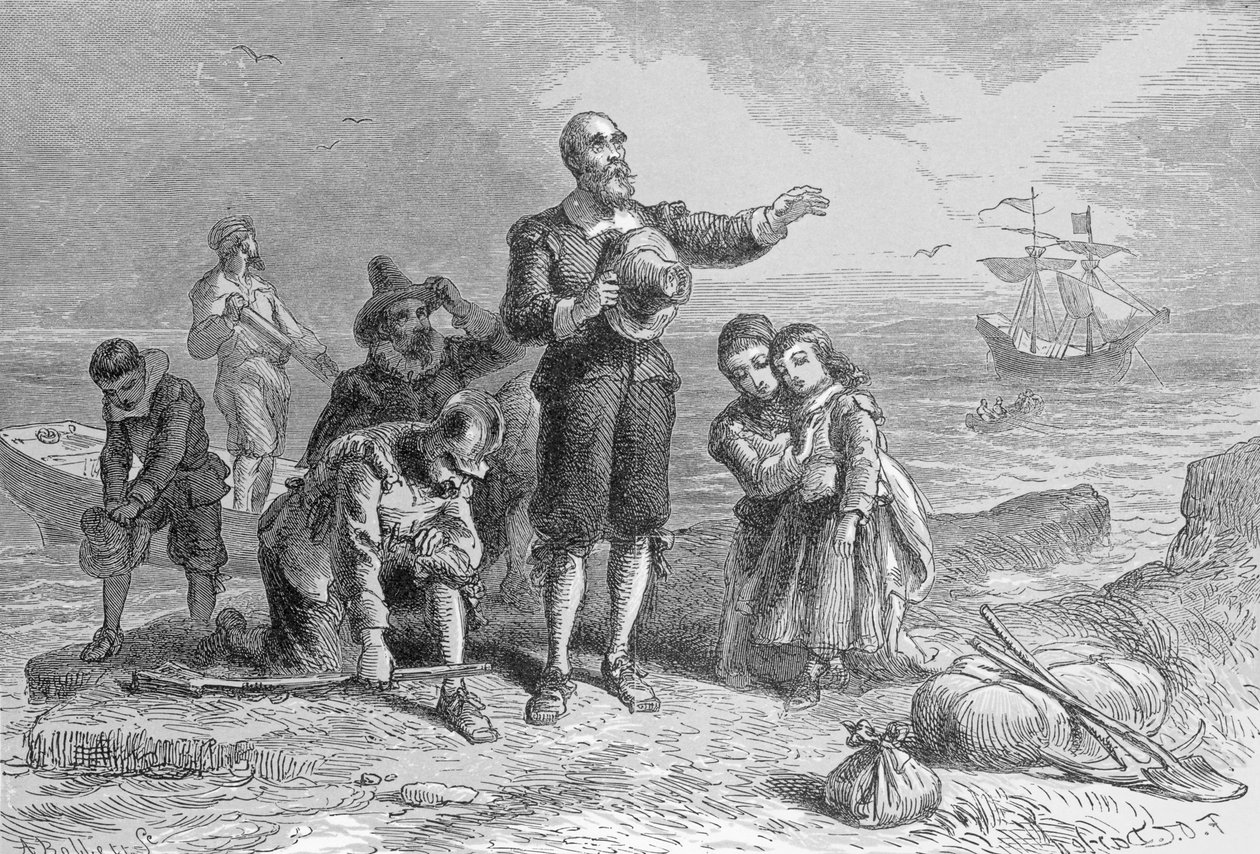 Pyhiinvaeltajien maihinnousu, 1620, kaiverrus A. Bollett, Harper