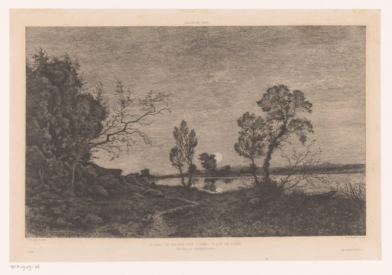 Maisema järvellä kuunvalossa Étang de Grand-Rue (Yonne) Clair de Lune (otsikko esineessä) tekijältä Felix Oudart
