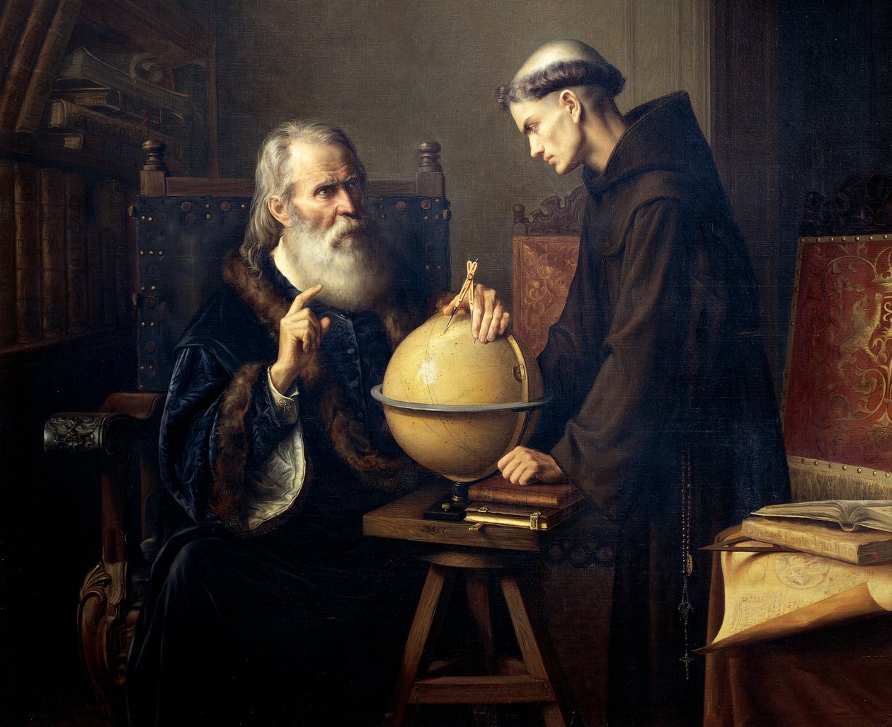 Galileo Galilei (1564-1642) selittää teorioitaan Padovan yliopistossa, Felix Parran (1845-1919) maalaus tekijältä Félix Parra