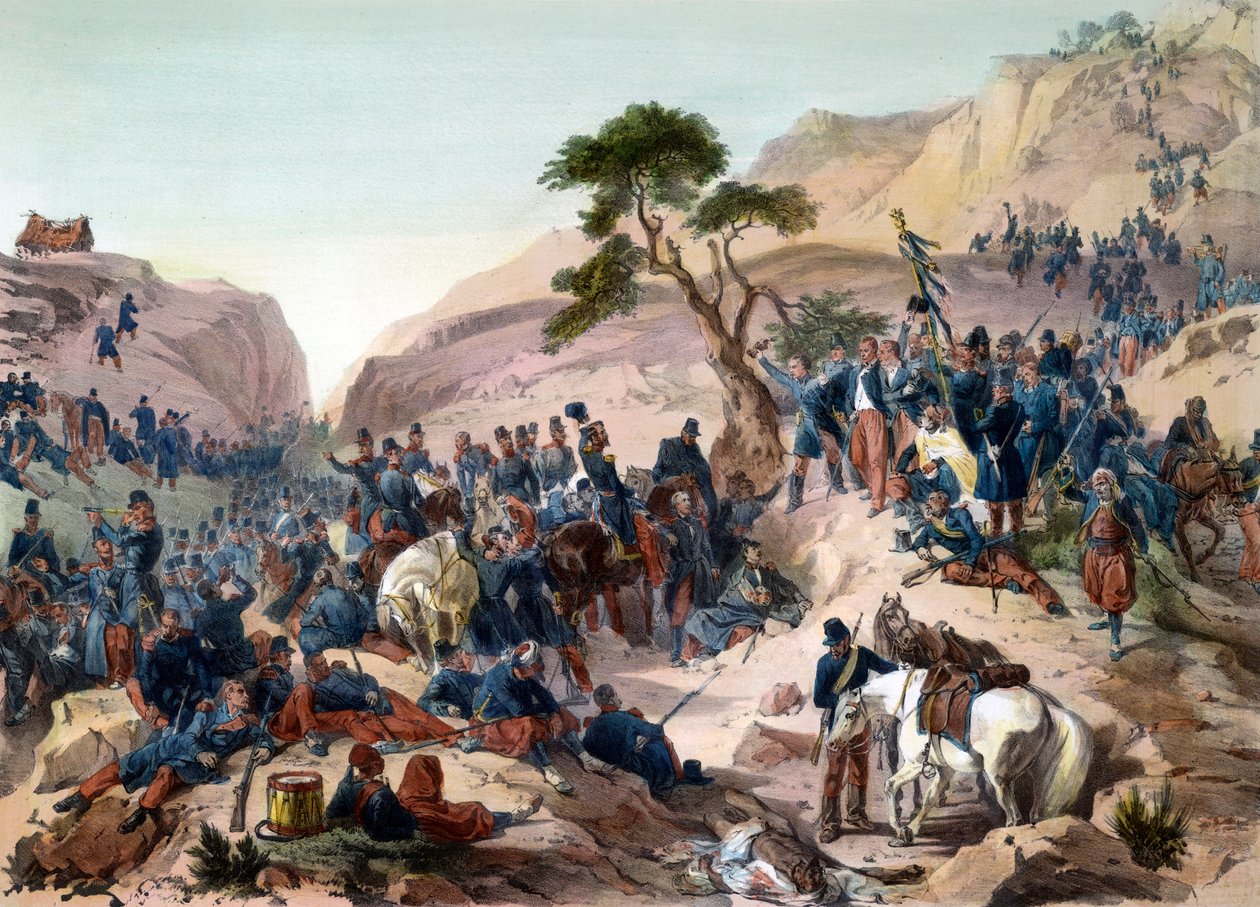 Episodi Algerian valloituksesta vuonna 1840 - Taistelu Mouzaian solalla (1840) - Orléansin herttua harjoittaa komentoa Ranskan armeijassa - kaiverrus Philippoteaux - Ranskan armeija voittaa Mouzaian Teniah-taistelun Mouzaian vuoristosolasta 1. tekijältä Felix Philippoteaux