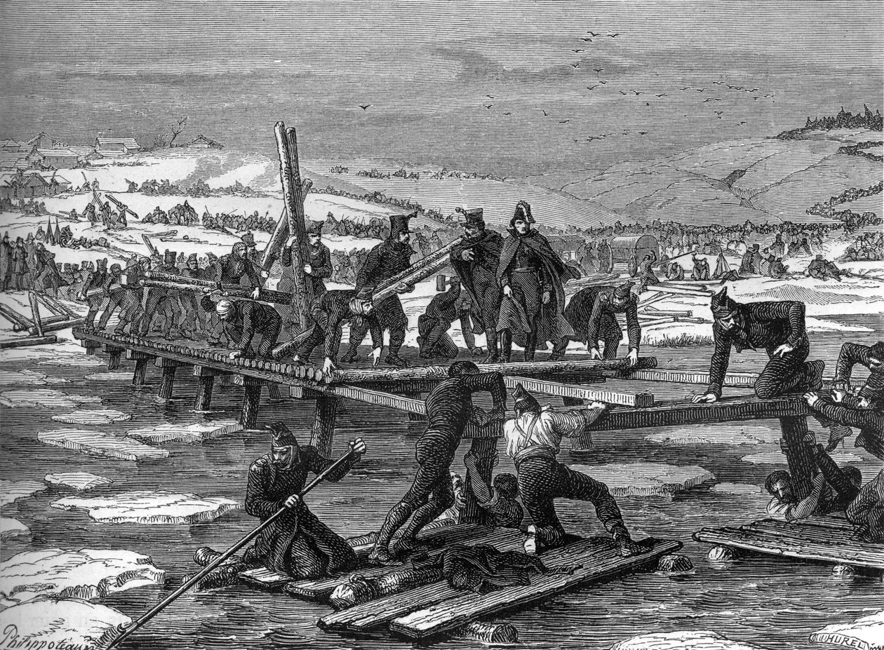 Napoleonin armeijan ponttonimiehet ylittävät Berezina-joen. tekijältä Felix Philippoteaux