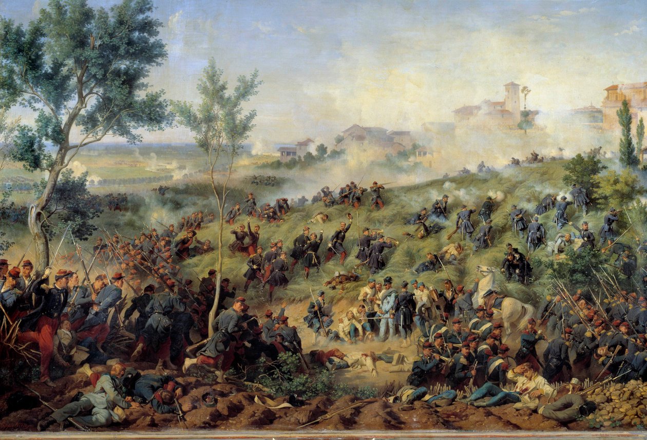 Näkymä Montebello di Casteggion taistelusta, 20.5.1859 Ranska voittaa Itävallan armeijan. Henri-Felix-Emmanuel Philippoteaux