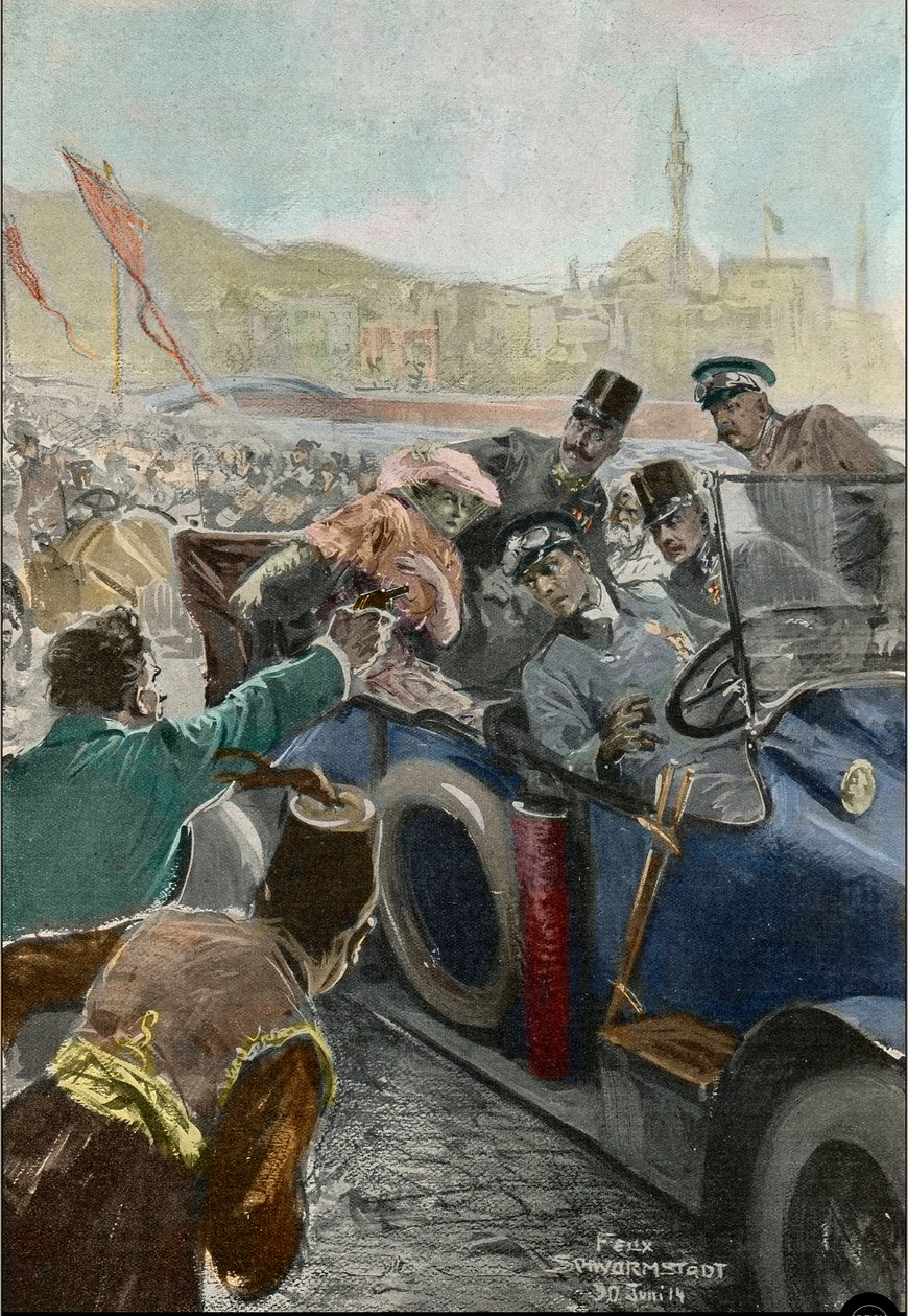 Itävallan arkkiherttua Franz Ferdinandin (1863-1914) ja hänen vaimonsa Sophien salamurha Sarajevossa (kaiverrus) tekijältä Felix Schwormstadt