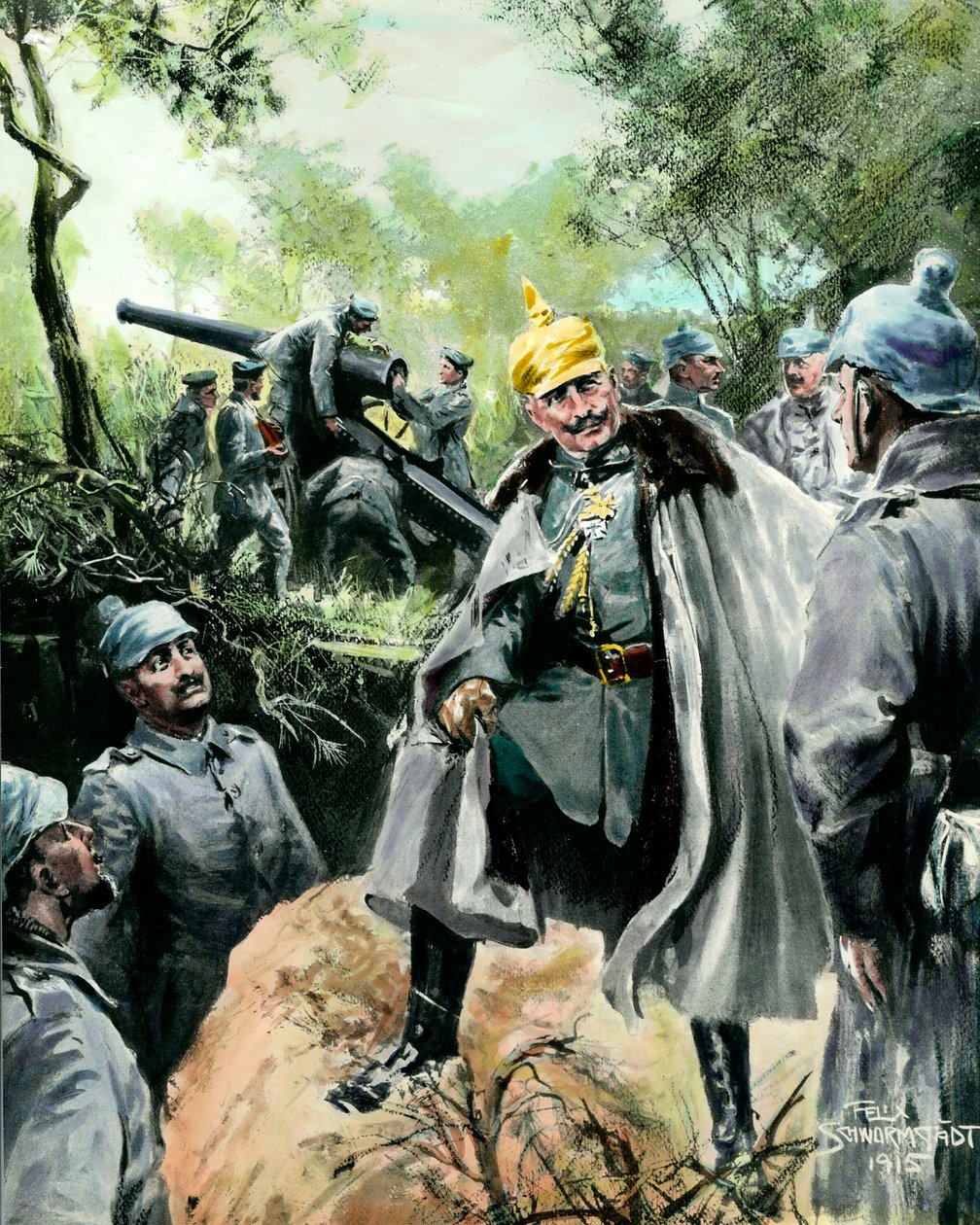 Ensimmäinen maailmansota: "" Muotokuva keisari William II:sta (1859-1941) vierailemassa tykistöpostilla"" Felix Schwormstadtin (1870-?) vedos 1915 Yksityinen kokoelma tekijältä Felix Schwormstadt