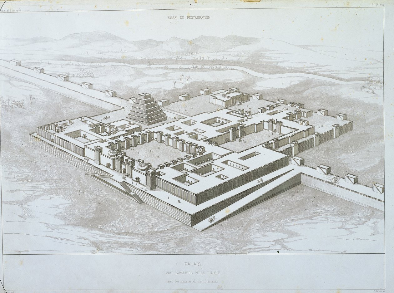 Khorsabadin palatsi, historiallinen näkymä kaakosta ja osa linnoitettuja muureja, Victor Placen kuvitus Ninivestä ja Assyriasta tekijältä Felix Thomas