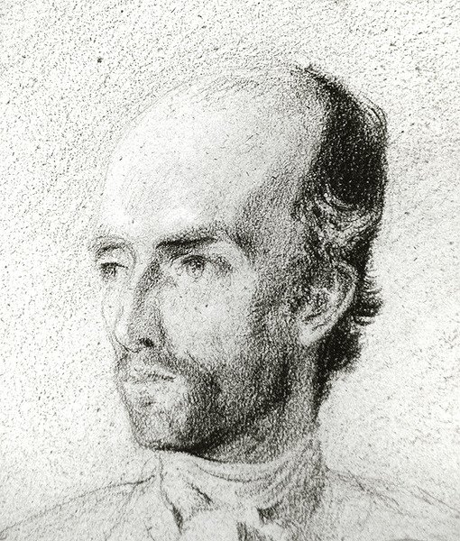 Miehen muotokuva, noin 1845 (mustaa liitua valkoisella korotettuna ruskealle paperille). tekijältä Félix Ziem