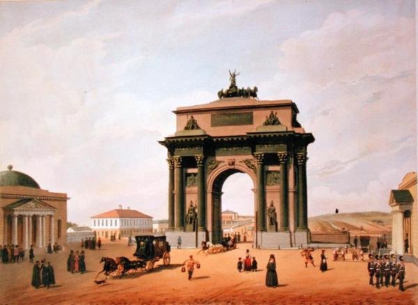 Riemukaari Tverskaja-aukiolla Moskovassa, painatus Lemercier, Pariisi, 1840-luku tekijältä Felix after Benoist