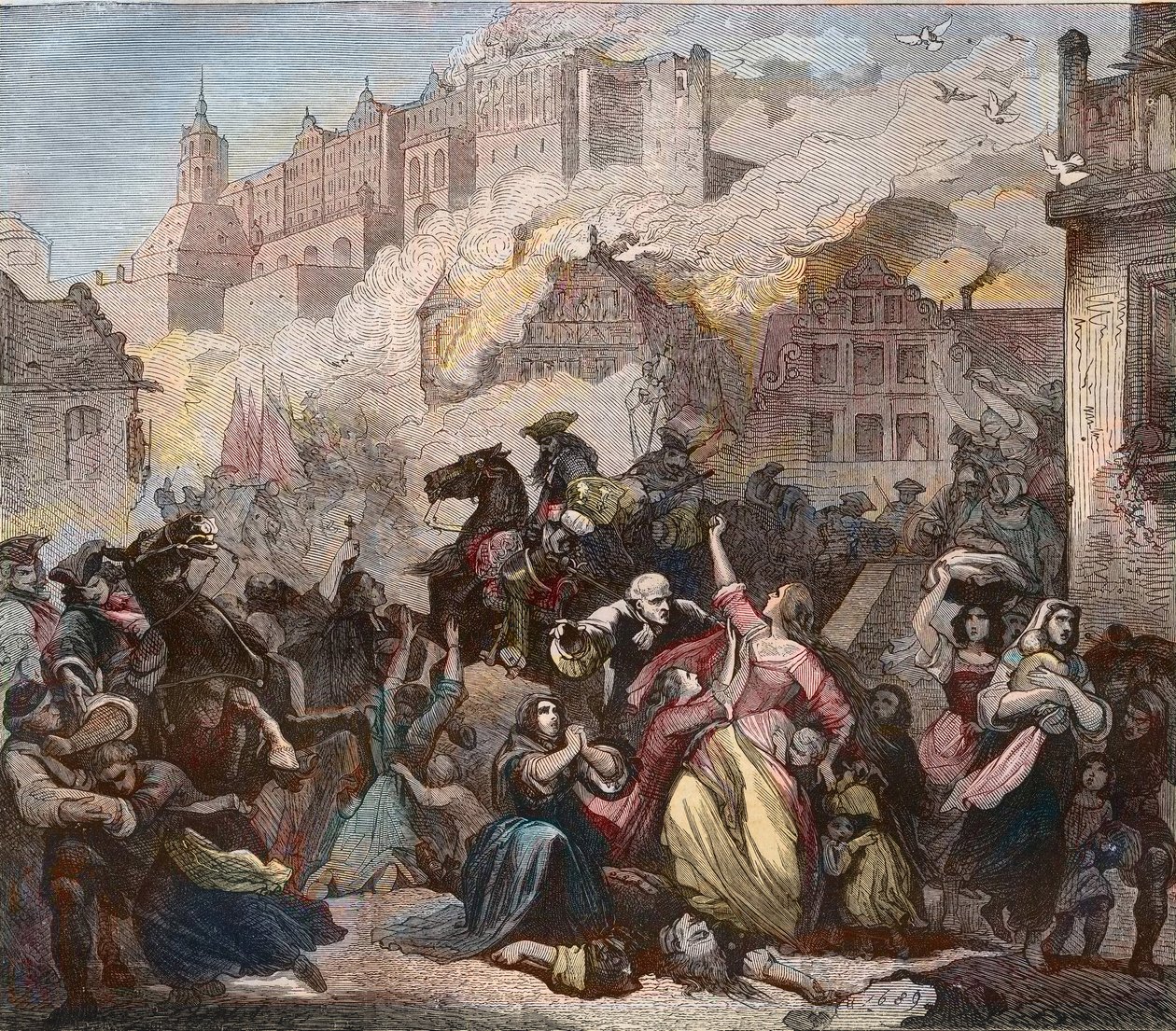 Heidelbergin tuhoaminen ranskalaisten toimesta kenraali Ezechiel Melacin johdolla, 2. maaliskuuta 1689 - Heidelbergin linnan tulipalo - 1689 - Yhdeksänvuotinen sota - Suurliiton sota - Augsburin liigan sota - "Ranskan joukkojen pommittama Heidelbergin linn tekijältä Feodor (after) Dietz