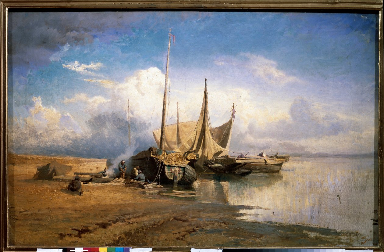 Näkymä Volgalle, Veneet (Näkymä Volgalle, Veneet) - Fjodor Aleksandrovitš Vasiljevin maalaus (Fjodor Aleksandrovitš, Fjodor Aleksandrovitš Vasiljev) (1850-1873), öljy kankaalle tekijältä Feodor Alexandrovich Vassiliev