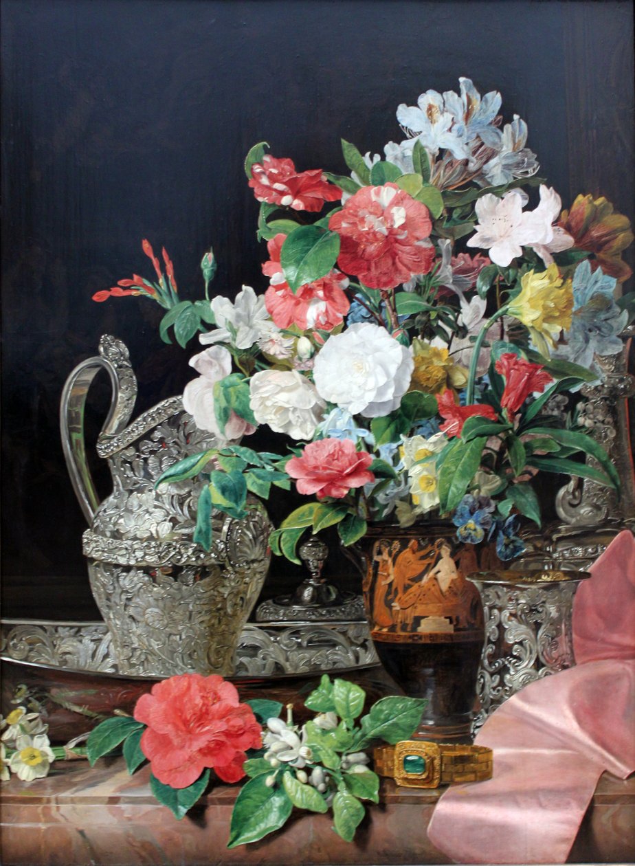 Blumenstrauß mit Silbergefäßen und antiker Vase tekijältä Ferdinand Georg Waldmuller