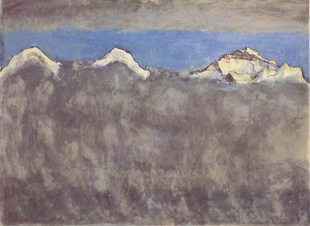 Eiger, Mönch ja Jungfrau sumumeren yllä tekijältä Ferdinand Hodler