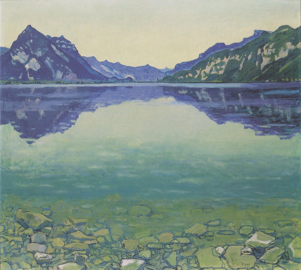 Thunjärvi symmetrinen heijastus ennen auringonnousua tekijältä Ferdinand Hodler