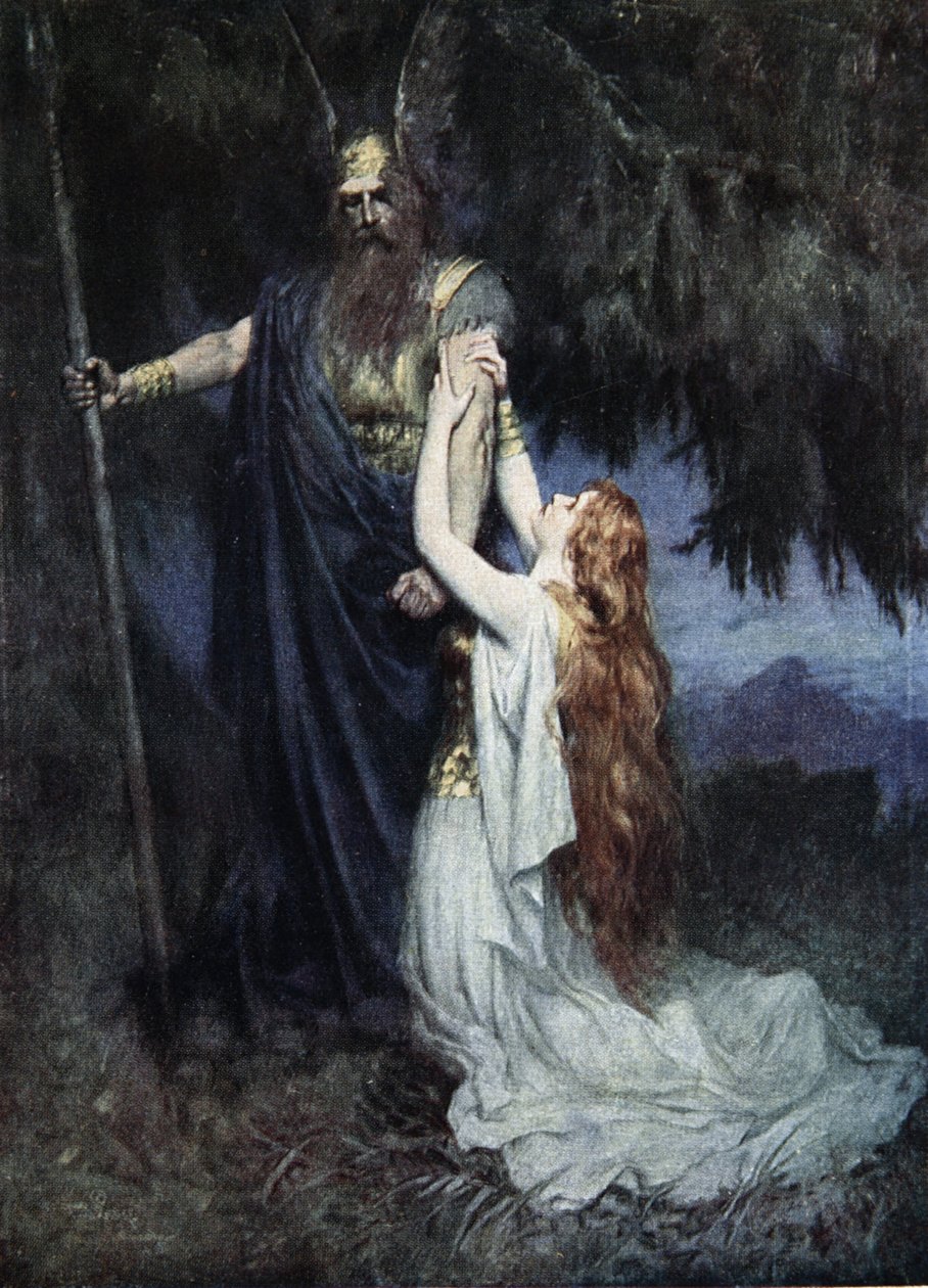 Brunhilde polvistui hänen jalkojensa juureen, J. Walker McSpaddenin (1874-1960) teoksesta The Stories of Wagnerin oopperat, 1905 tekijältä Ferdinand Leeke