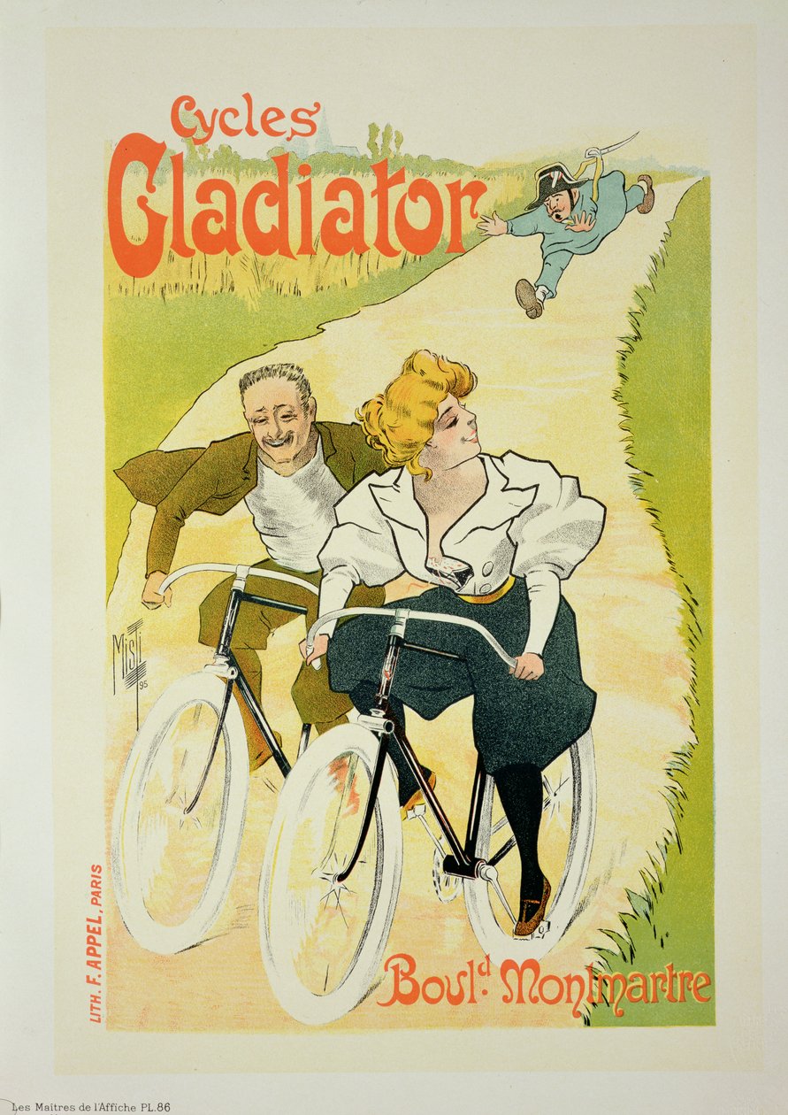Jäljennös julisteesta, joka mainostaa "Gladiator Cycles", Boulevard Montmartre, Pariisi, 1895 tekijältä Ferdinand Misti Mifliez