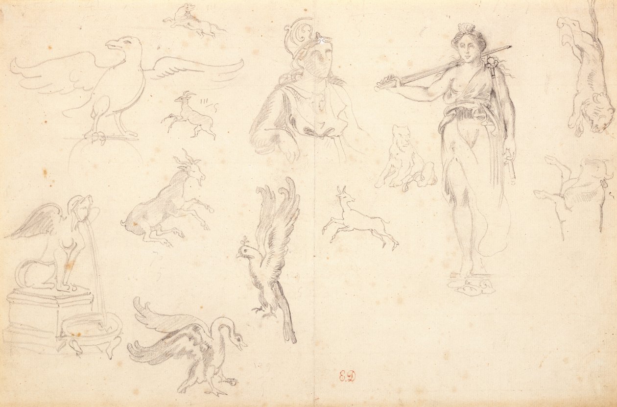 Eläin- ja hahmotutkimus (musta liitu lyötyyn paperiin) tekijältä Ferdinand Victor Eugene Delacroix
