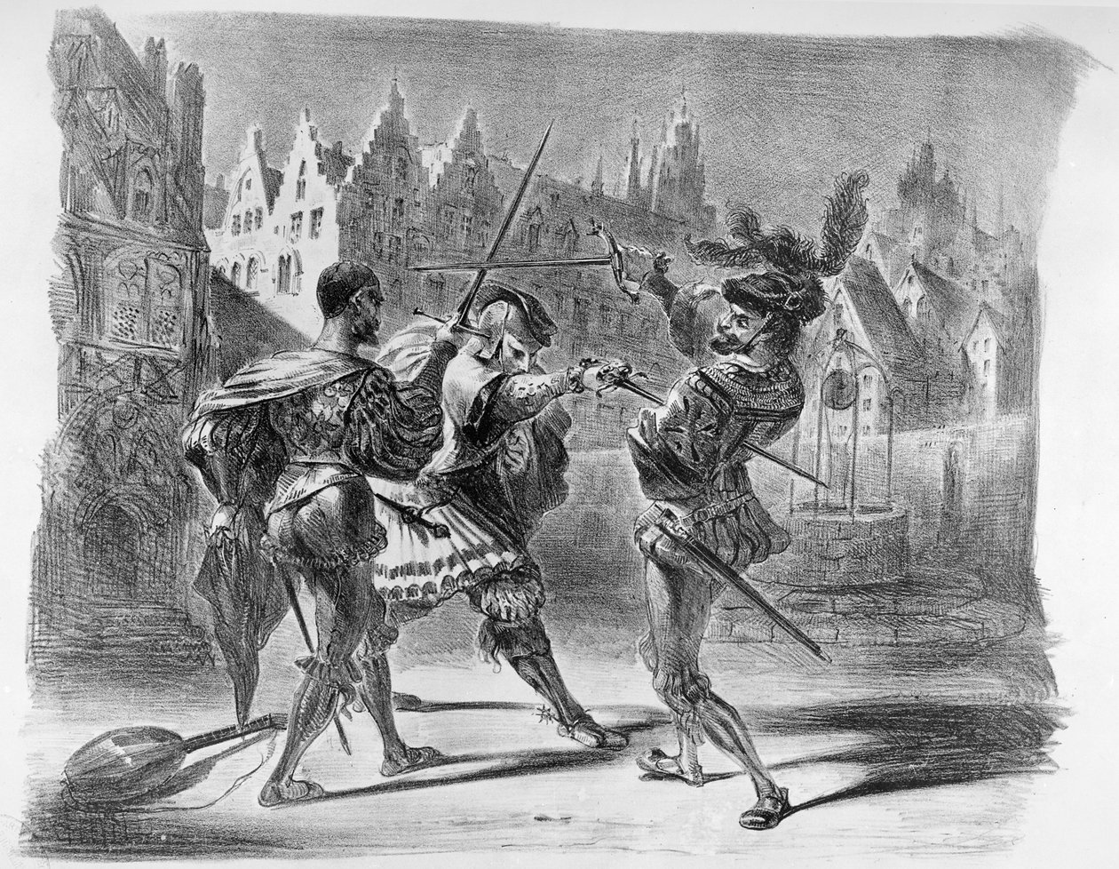 Faustin ja Valentinen kaksintaistelu, Goethen Faustista, vuoden 1828 jälkeen, (kuva), (bw kuva litografiasta) tekijältä Ferdinand Victor Eugene Delacroix