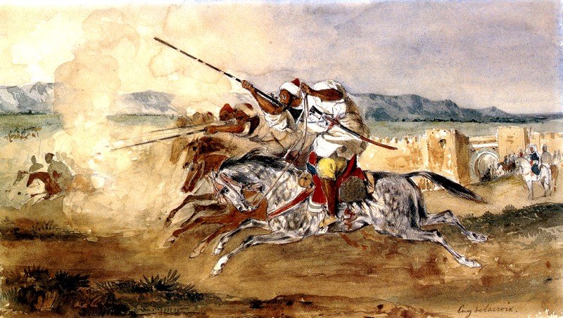 Fantasia tai Gunpowder Game, Méquinezin kaupungin portin edessä. tekijältä Ferdinand Victor Eugene Delacroix
