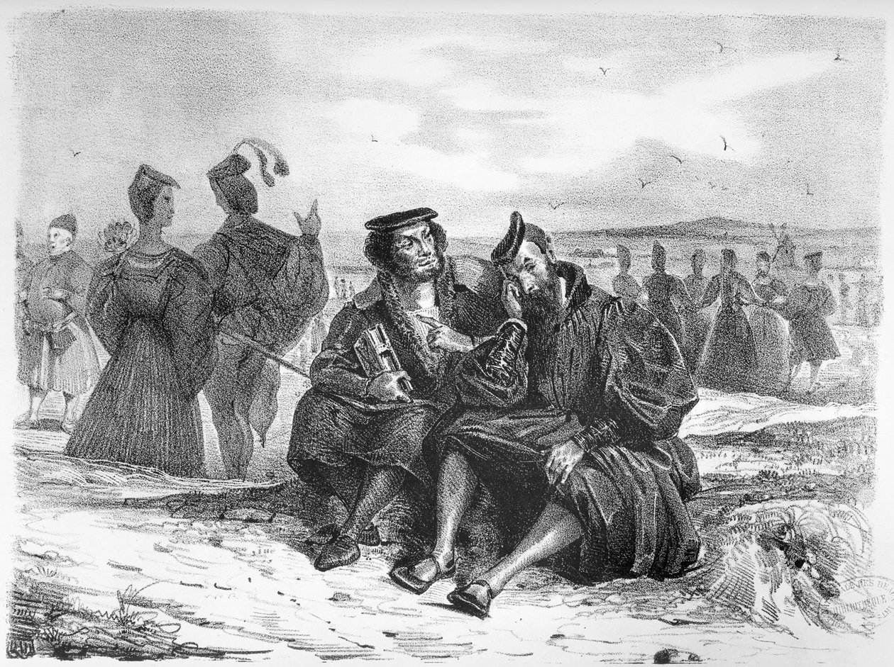 Faust ja Wagner keskustelussa, Goethen kuvitus Faustille (bw-valokuva litografista) (katso myös 59929) tekijältä Ferdinand Victor Eugene Delacroix