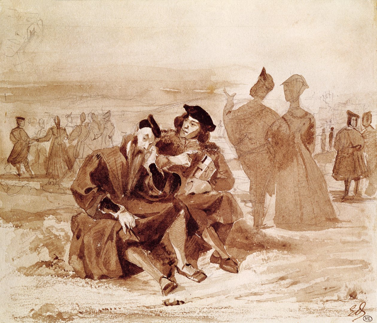 Faust ja Wagner keskustelussa maaseudulla, Johann Wolfgang von Goethen (1749-1832) Faustista 1827 tekijältä Ferdinand Victor Eugene Delacroix