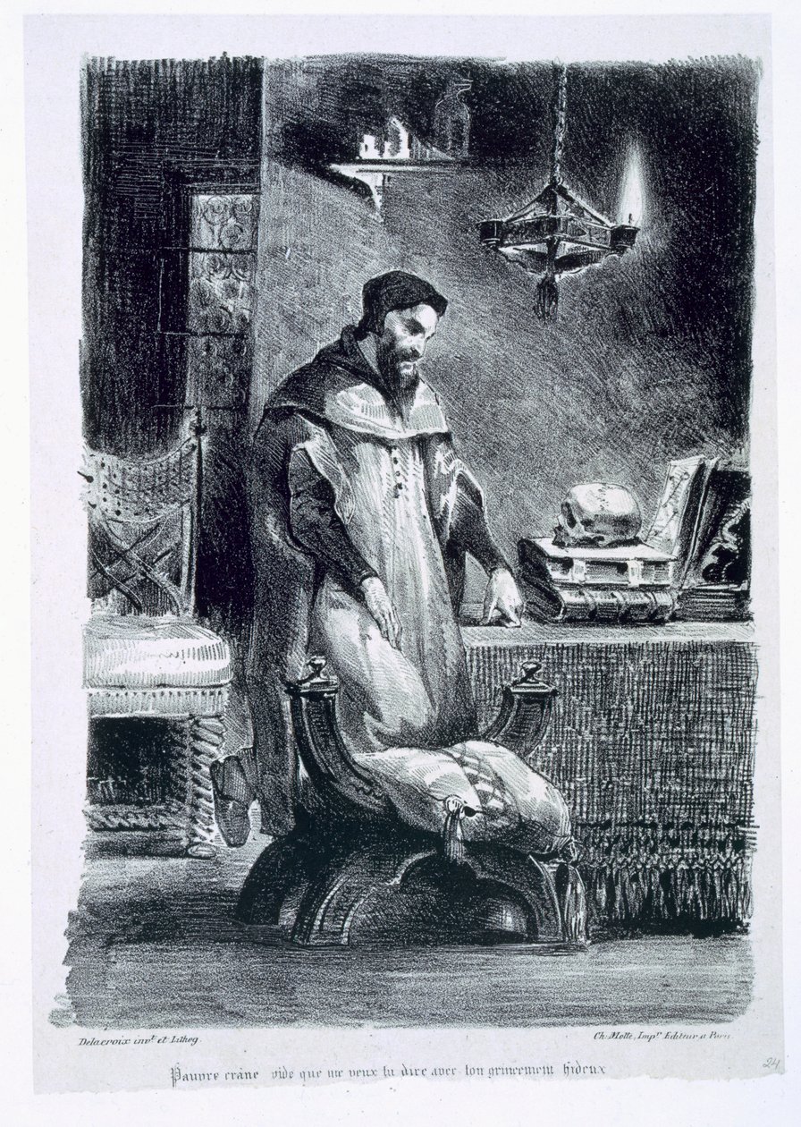 Faust työhuoneessaan, Goethen teoksesta Faust, 1828, (kuvitus), (svetokuva litografiasta). tekijältä Ferdinand Victor Eugene Delacroix