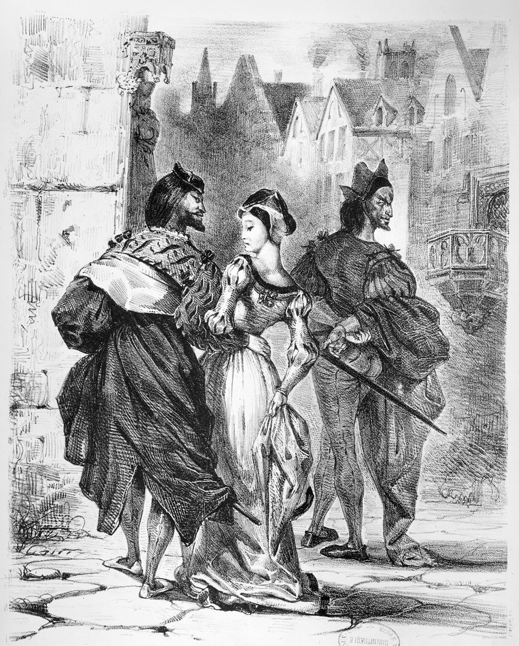 Faust tapaa Margueriten, Goethen Faustista, vuoden 1828 jälkeen, (kuva), (bw valokuva litografiasta) tekijältä Ferdinand Victor Eugene Delacroix