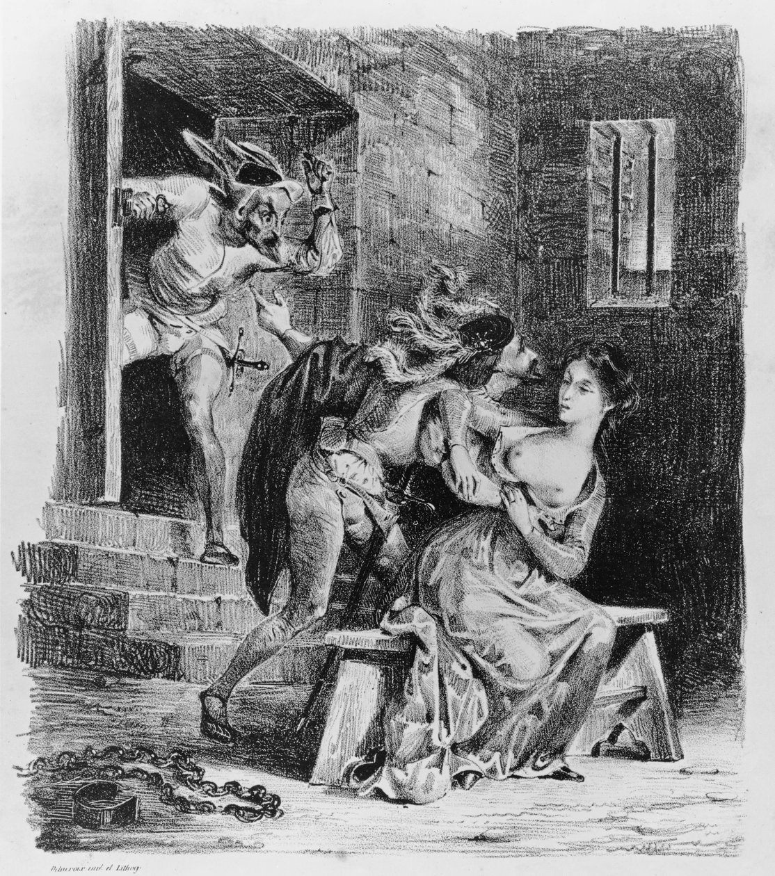 Faust pelastaa Margueriten vankilastaan, Goethen Faustista, 1828, (kuva), (bw kuva litosta) tekijältä Ferdinand Victor Eugene Delacroix