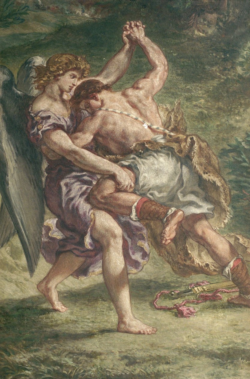 Taistelu Jaakobin ja Enkelin välillä, yksityiskohta, kappeli des Saints-Anges, 1850-61 (öljyä ja vahaa kipsissä) (katso myös 59927) tekijältä Ferdinand Victor Eugene Delacroix