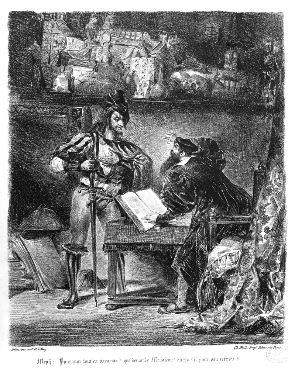 Faustin ja Mefistofeleen ensimmäinen tapaaminen: "Miksi kaikki tämä melu", Goethen Faustista, 1828, (kuva), (bw-valokuva litografiasta) tekijältä Ferdinand Victor Eugene Delacroix