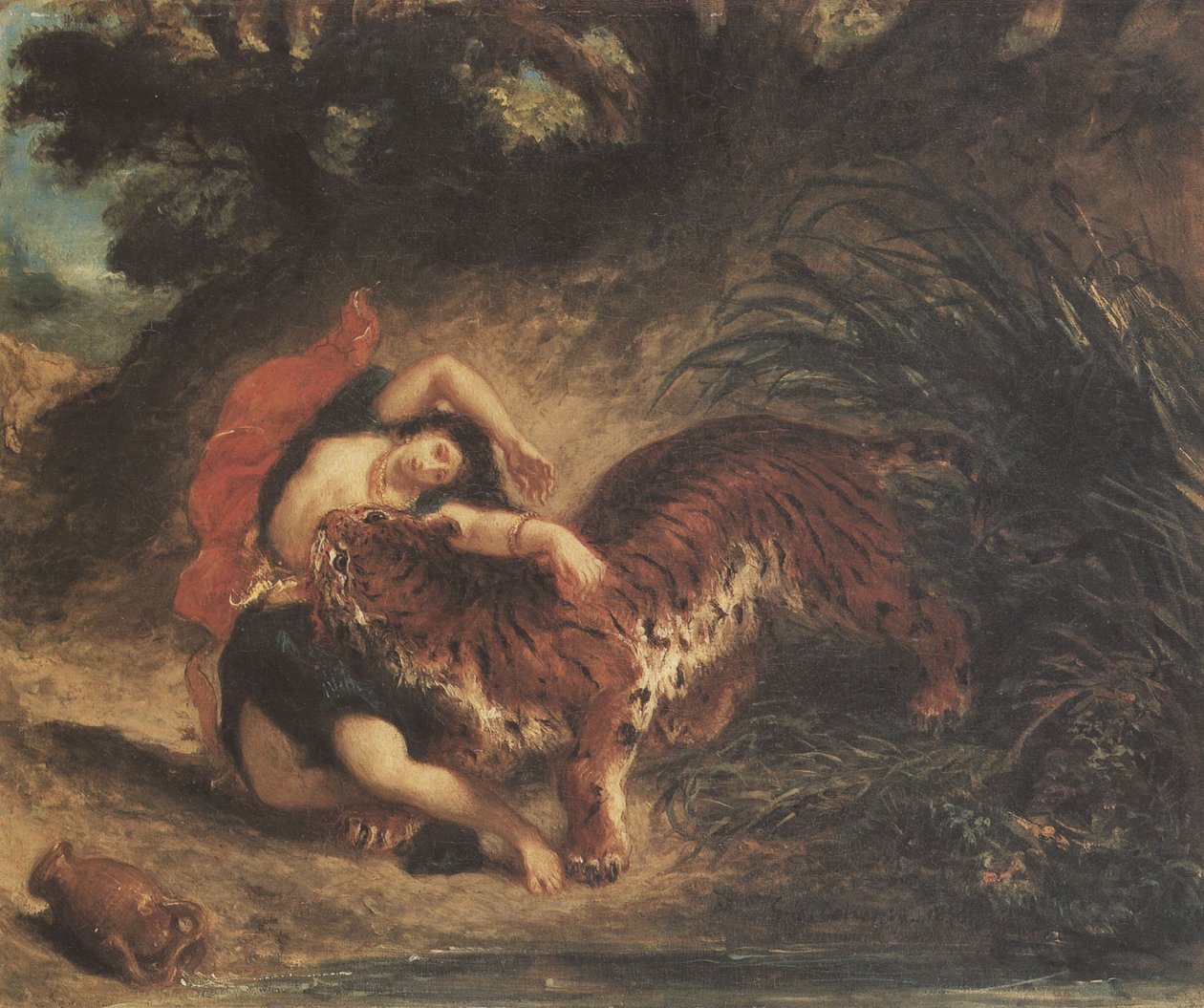 Tiikeri repi intialaisen naisen kappaleiksi tekijältä Ferdinand Victor Eugene Delacroix