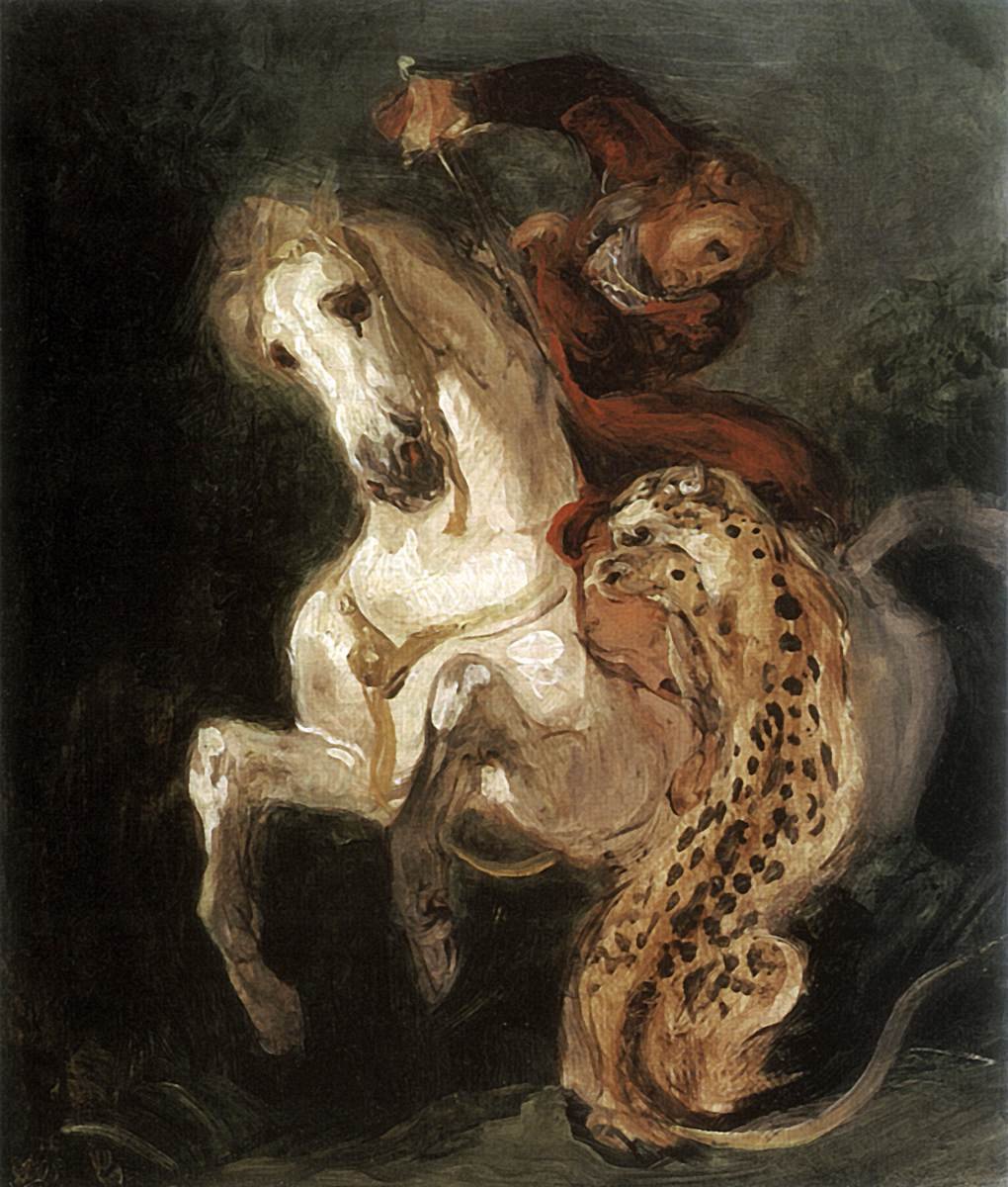 Jaguaari hyökkää ratsumiehen kimppuun tekijältä Ferdinand Victor Eugene Delacroix
