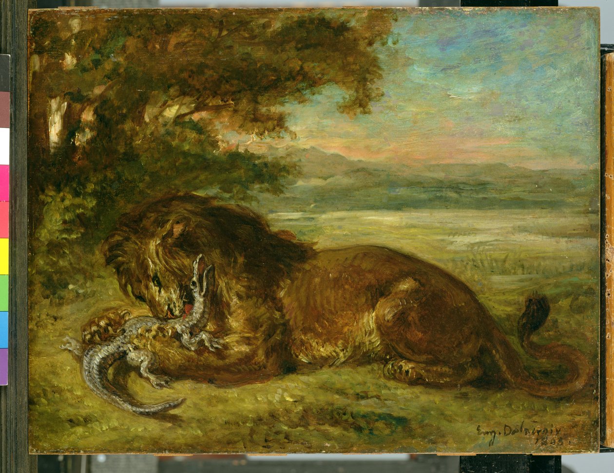 Leijona ja alligaattori, 1863 tekijältä Ferdinand Victor Eugene Delacroix