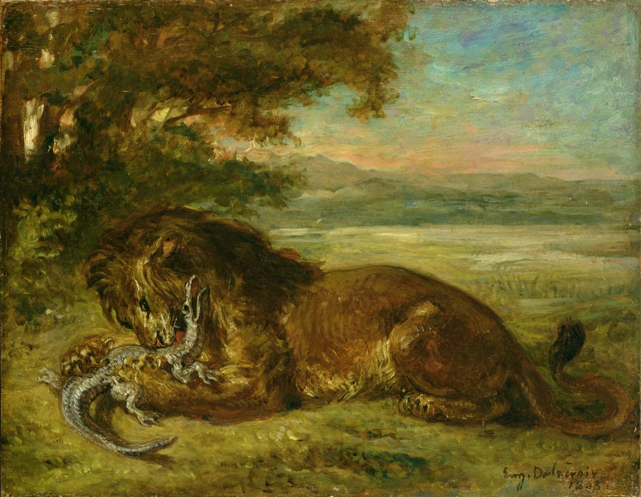 Leijona ja alligaattori tekijältä Ferdinand Victor Eugene Delacroix