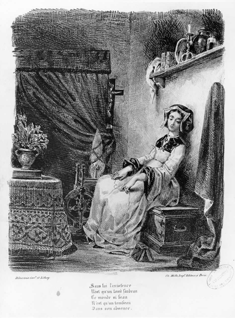 Marguerite huoneessaan, Goethen Faustista, (kuva), (bw valokuva litografiasta) tekijältä Ferdinand Victor Eugene Delacroix