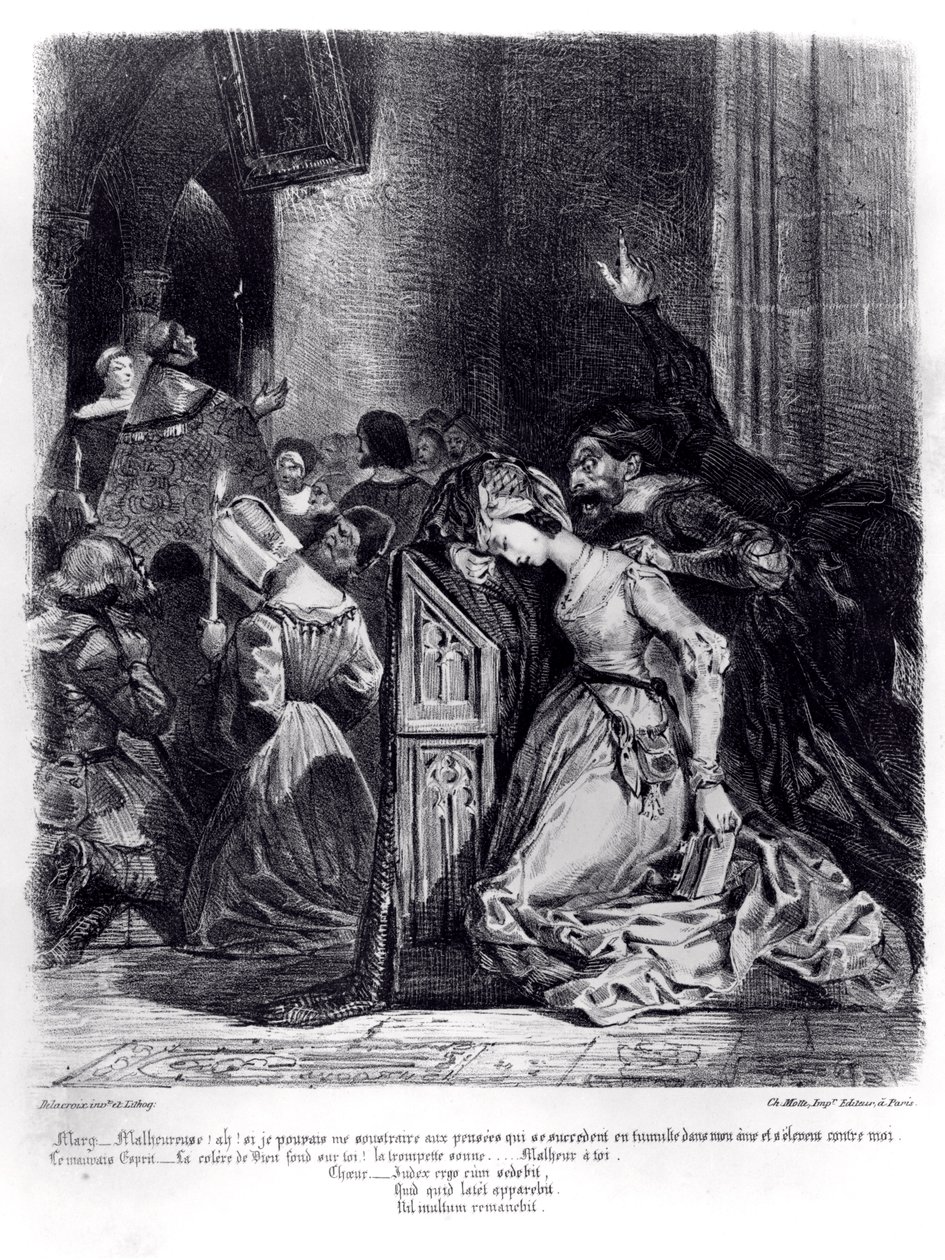 Marguerite kirkossa pahojen henkien kanssa: kuvitus Goethen Faustista, 1828 tekijältä Ferdinand Victor Eugene Delacroix