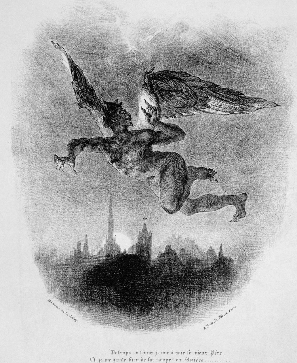 Mefistofeleen prologi taivaalla, Goethen Faustista, 1828, (kuva), (valokuva litografiasta) tekijältä Ferdinand Victor Eugene Delacroix