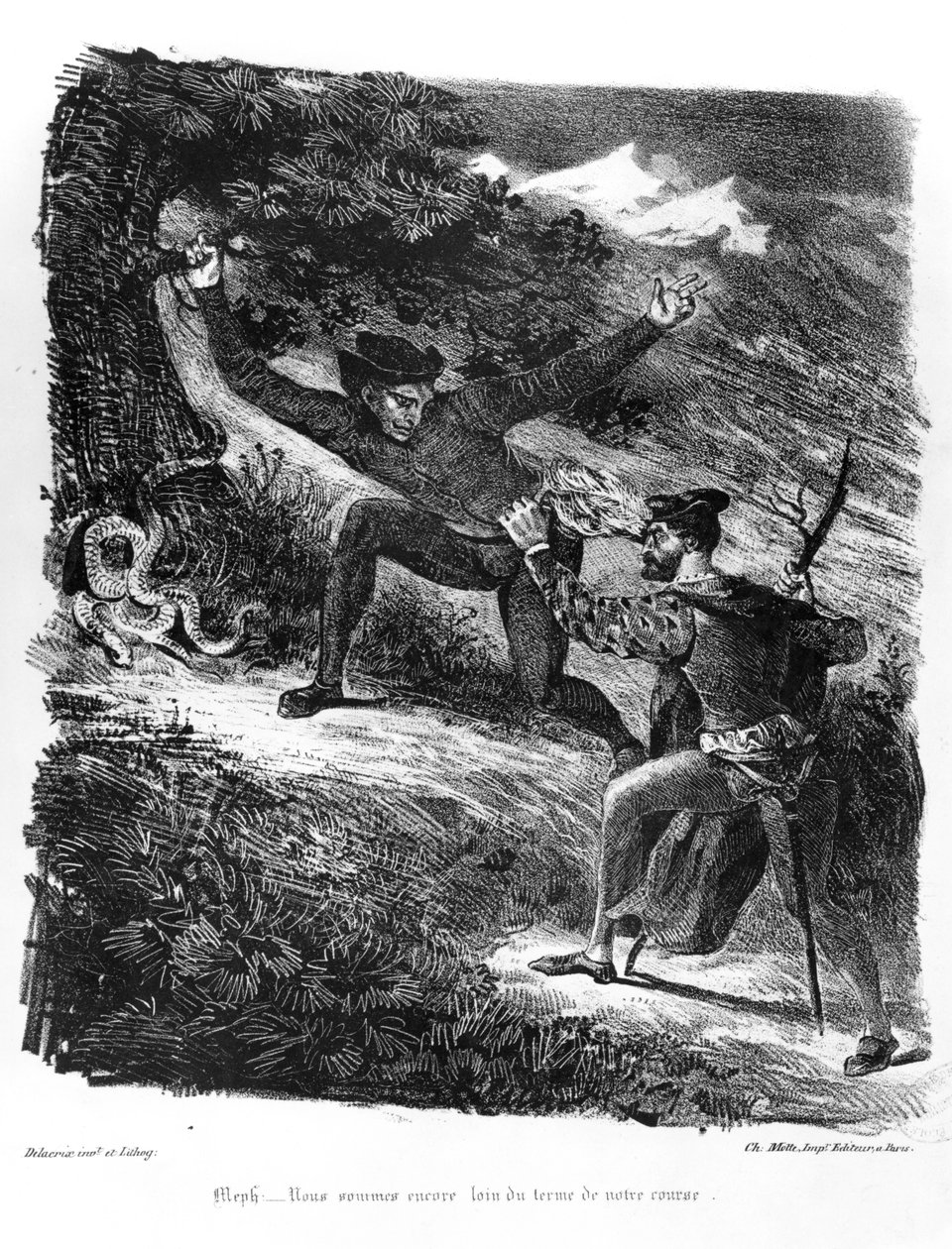 Mefistofeles ja Faust matkalla öiseen lepopäivään, Goethen kuvitus Faustille, 1828 (bw-valokuva litografiasta) tekijältä Ferdinand Victor Eugene Delacroix