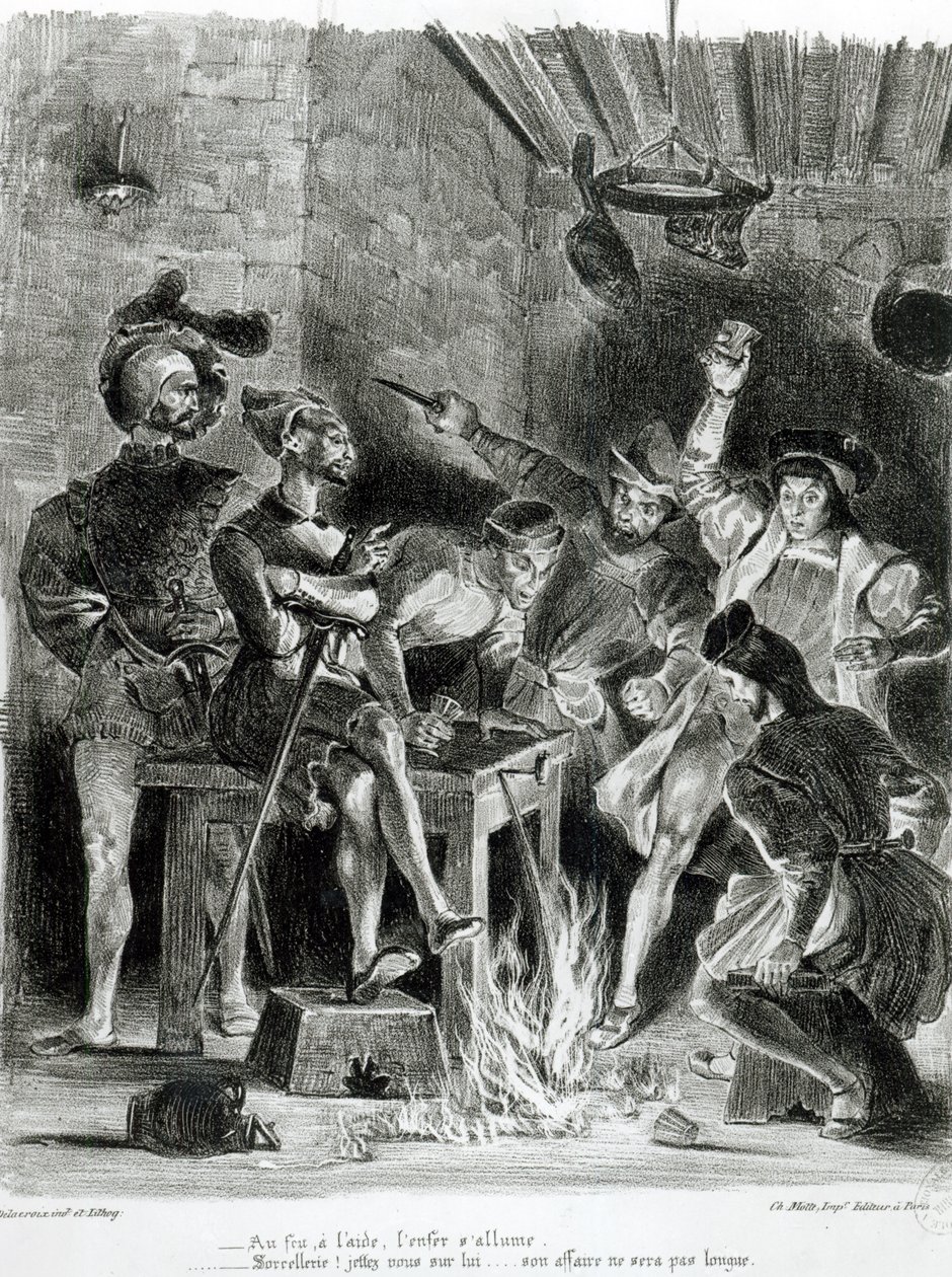 Mefistofeles ja juomakumppanit, Goethen Faustista, 1828, (kuva), (bw-valokuva litografiasta) tekijältä Ferdinand Victor Eugene Delacroix