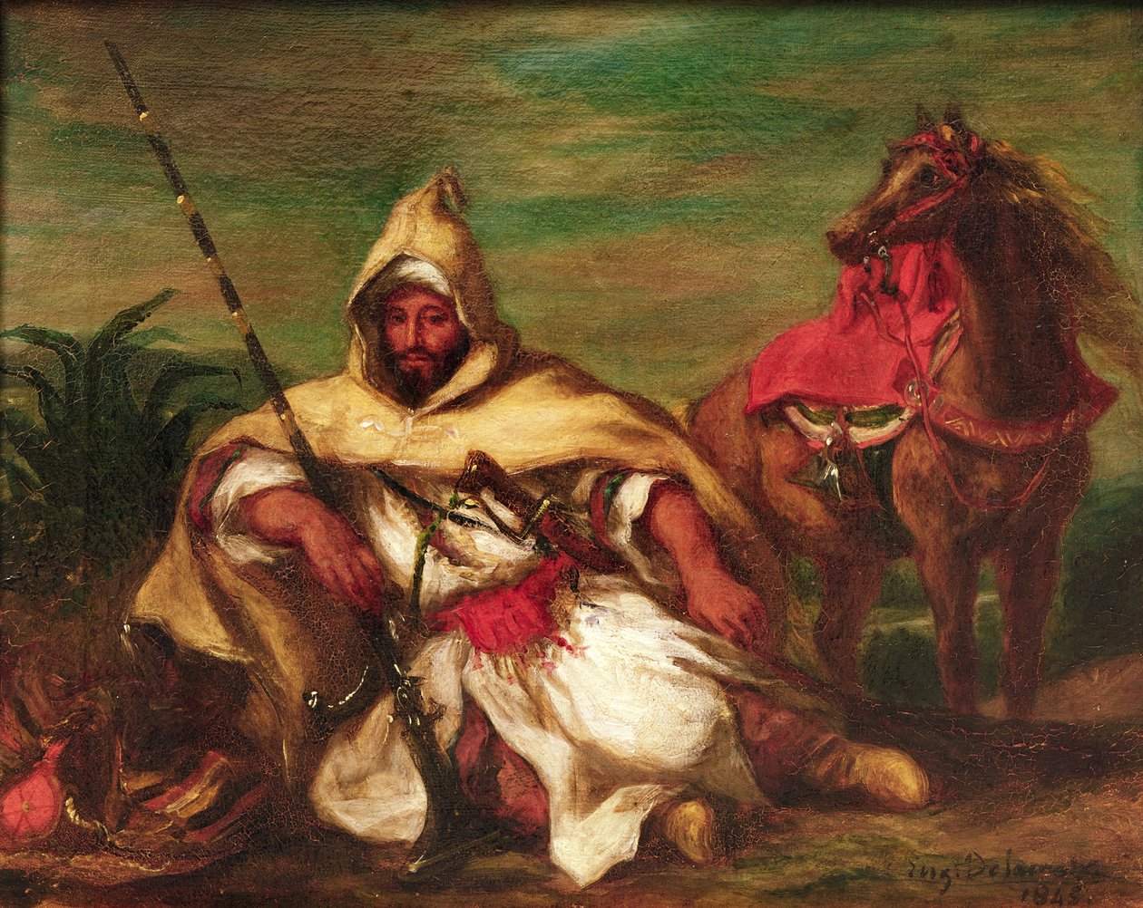 Marokkolainen sotilas istuu hevosensa vieressä, 1845 tekijältä Ferdinand Victor Eugene Delacroix
