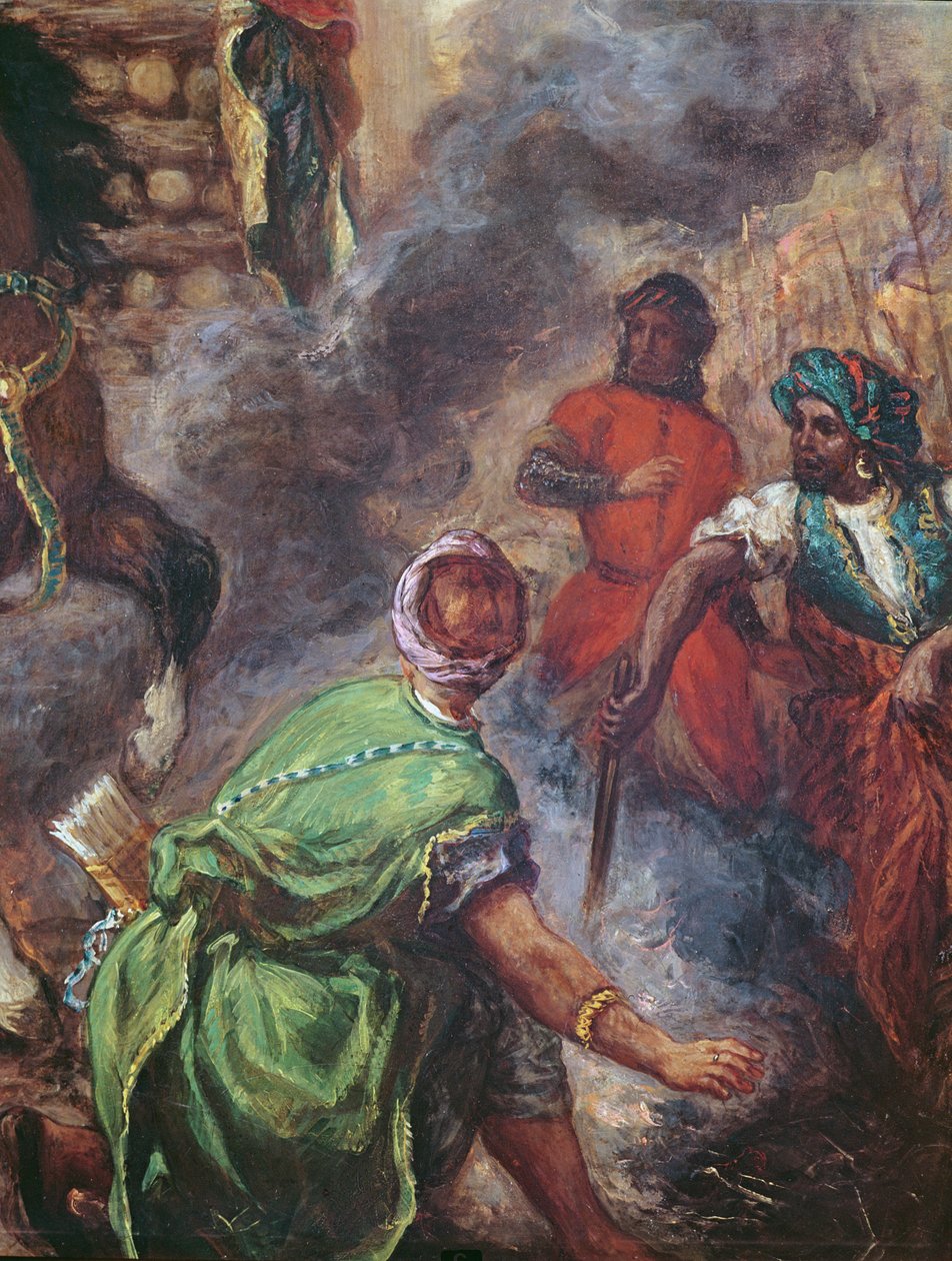 Olinda ja Sophronia Pyreessä, saraseenien yksityiskohta Torquato Tasson (1544-95) teoksesta "Gerusalemme Liberata" tekijältä Ferdinand Victor Eugene Delacroix